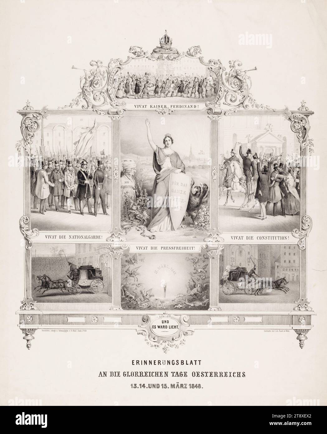 BLOC-FEUILLET, DES JOURS GLORIEUX DE L'AUTRICHE, 13, 14 ET 15 MARS 1848. Franz Wolf (1795-1859), lithographe, Johann Rauh (1803-1863), Imprimeur, 1848, papier, lithographie à la craie, hauteur 65 cm, largeur 53, 2 cm, Beaux-Arts, militaire, révolutions de 1848, 1849, véhicule à quatre roues, tiré par des animaux, p.ex. cabine, voiture, autocar, le soldat ; la vie du soldat, la collection de Vienne Banque D'Images