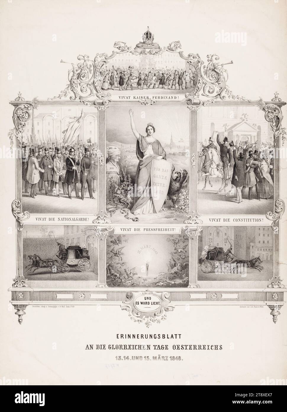BLOC-FEUILLET, DES JOURS GLORIEUX DE L'AUTRICHE, 13, 14 ET 15 MARS 1848. Franz Wolf (1795-1859), lithographe, Johann Rauh (1803-1863), Imprimeur, 1848, papier, lithographie à la craie, hauteur 65, 3 cm, largeur 49, 9 cm, Beaux-Arts, militaire, révolutions de 1848, 1849, véhicule à quatre roues, tiré par des animaux, p.ex. cabine, voiture, coach, le soldat ; la vie du soldat, la collection de Vienne Banque D'Images