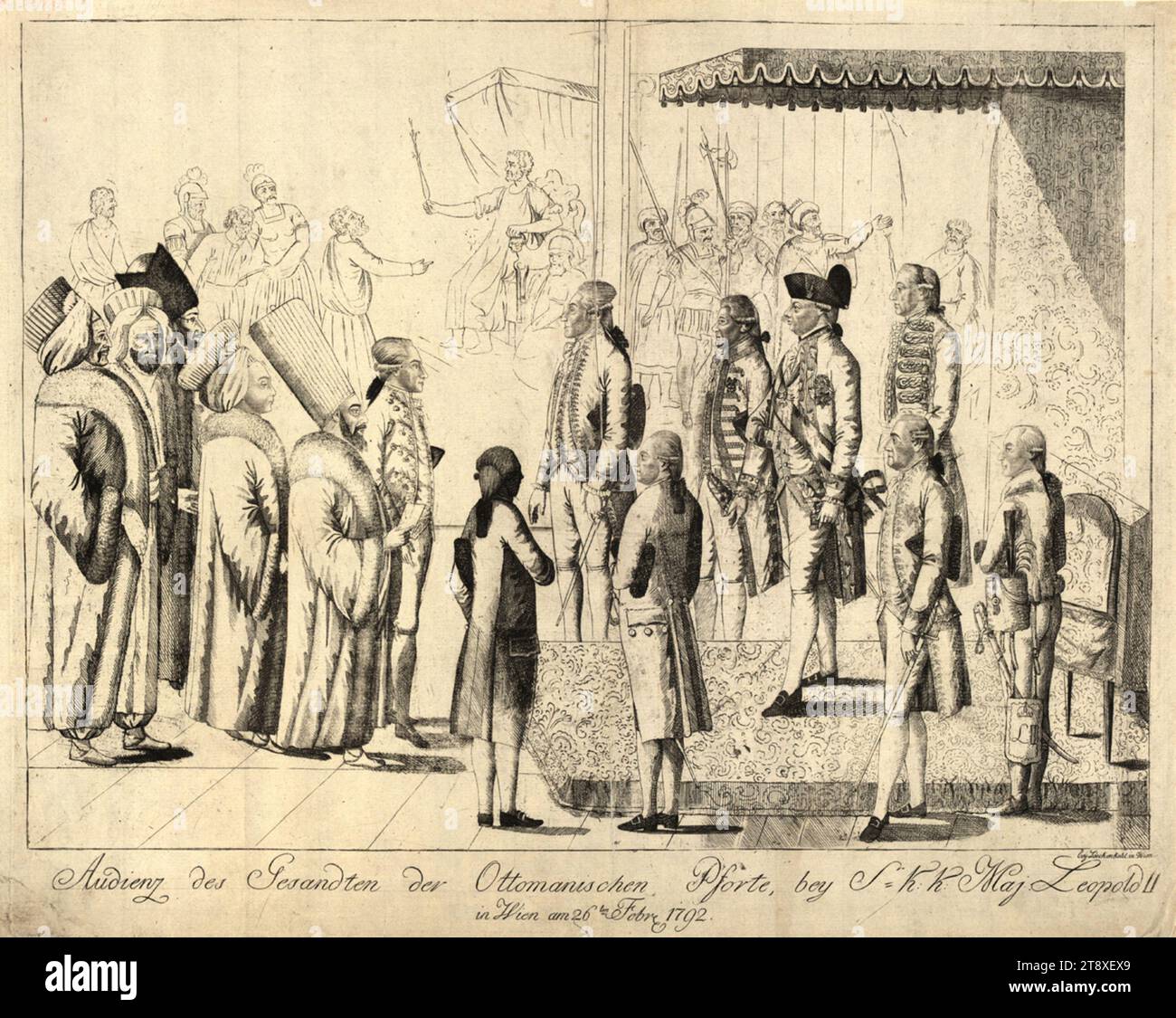 L'audience de l'envoyé de la porte ottomane avec Léopold II le 26 février 1792, Johann Hieronymus Löschenkohl (1753-1807), maison d'édition, 1792, papier, gravure sur cuivre, feuille taille 38, 7×48 cm, inscription, r. U. à Löschenkohl à Vienne ; mi. u. : audience de l'envoyé de la porte ottomane, à S= K : Maj Léopold II, à Vienne le 26 février 1792., politique, Habsbourg, Beaux-Arts, Offices et Administration, souverain, souverain, ambassadeur, Empereur Léopold II. collection de Vienne Banque D'Images