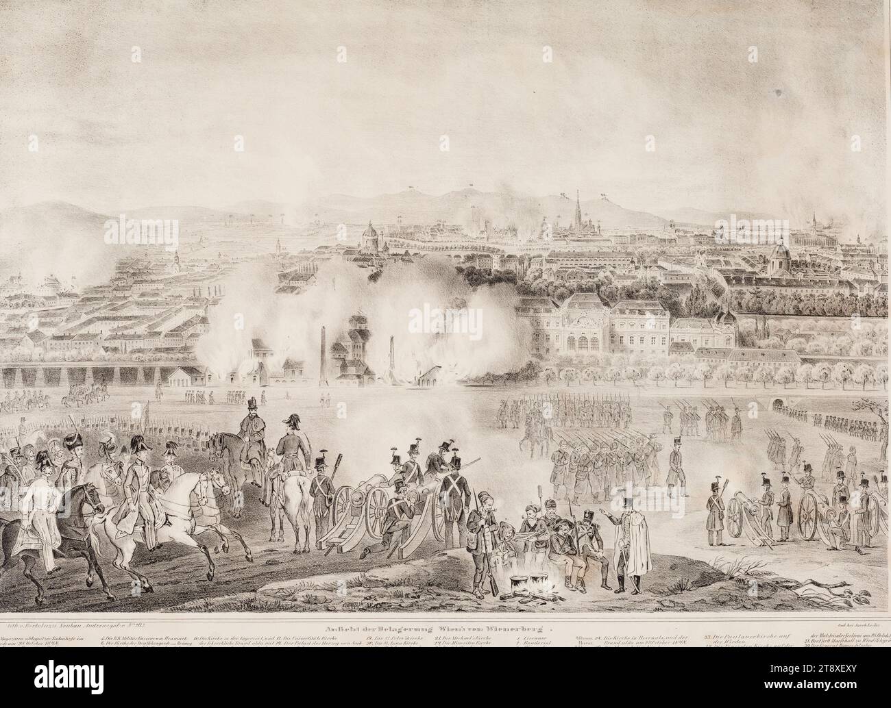 Vue du siège de Vienne depuis Wienerberg (vers le 28 octobre 1848), Bortoluzzi, lithographe, Jakob Loder, imprimante, 1848, papier, lithographie à la craie, hauteur 52, 4 cm, largeur 68, 7 cm, Beaux-Arts, militaire, révolutions de 1848, 1849, le soldat ; la vie du soldat, vue sur la ville, et paysage avec constructions artificielles, Vienne, la collection Vienne Banque D'Images