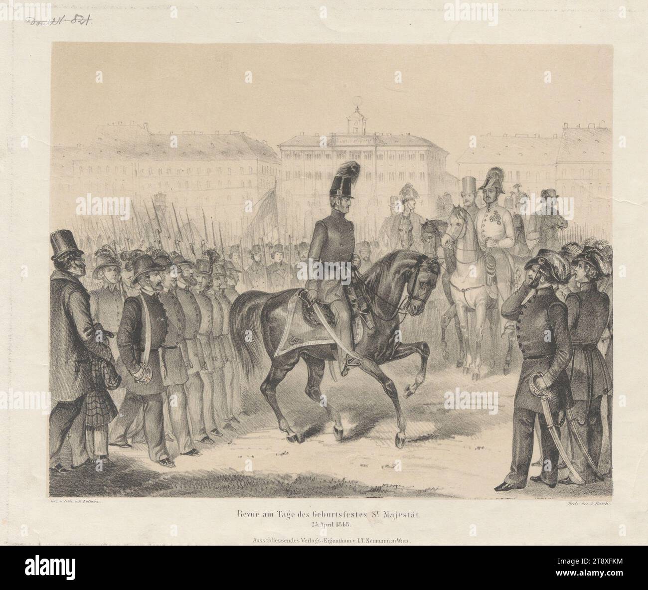 Revue le jour de la fête de la naissance de Sr Majesty, le 25 avril 1848.' (Empereur Ferdinand I. ), Franz Kollarz (Kolář) (1825-1894), lithographe, Johann Rauh (1803-1863), Imprimeur, Leopold Theodor Neumann (1804-1876), éditeur, 1848, papier, lithographie à la craie, hauteur 30, 3 cm, largeur 35 cm, Habsbourg, Beaux-Arts, révolutions de 1848, 1849, militaire, défilé militaire, concours, roi ; empereur, le soldat ; la vie du soldat, souverain, Sovereign, la collection de Vienne Banque D'Images