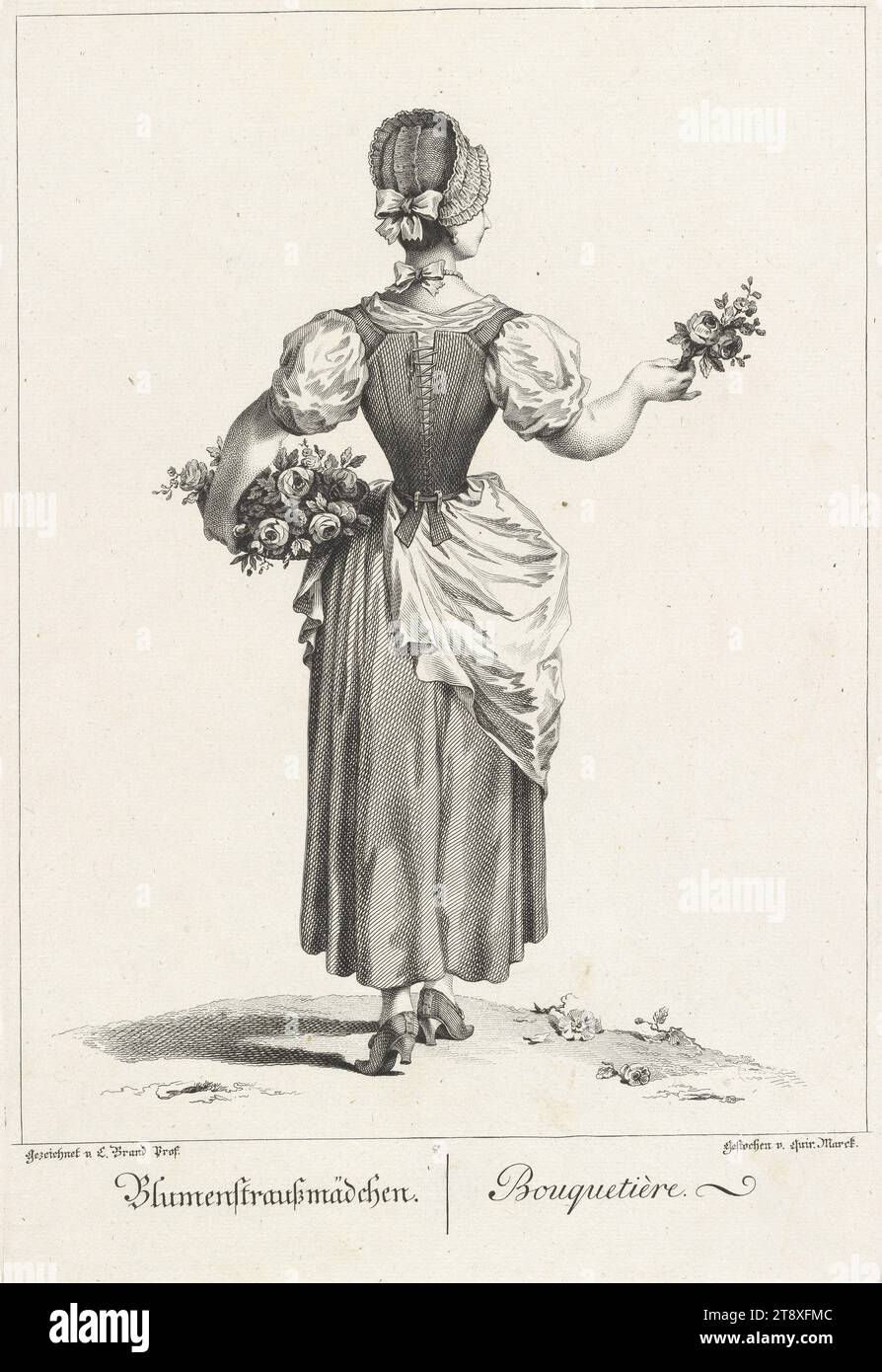 Dessins selon les gens du commun en particulier l'appel à acheter à Vienne' : 'bouquet de fleurs fille., Bouquetière.' [Vendeuse de bouquets], Johann Christian Brand (1722-1795), artiste, Quirin Mark (1753-1811), graveur sur cuivre, 1775, papier, gravure sur cuivre, format de feuille 44, 3×31, 4 cm, taille de plaque 36×24, 3 cm, représentations de poste, Commerce, Beaux-Arts, stéréotypes, fleurs, femme, personnes engagées dans le commerce et le commerce, la collection de Vienne Banque D'Images