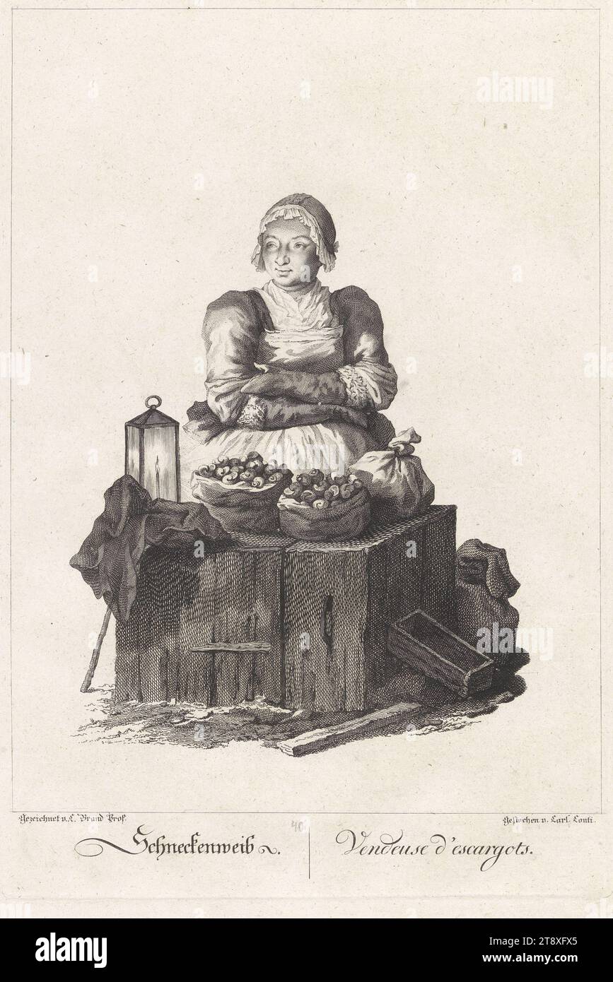 Dessins selon les gens ordinaires en particulier l'appel à acheter à Vienne' : 'Schneckenweib., vendeuse d'Escargots.' [Vendeur d'escargots], Carl Conti (1741-1795), graveur sur cuivre, Johann Christian Brand (1722-1795), artiste, 1775-1776, papier, gravure sur cuivre, taille de plaque 36, 2×24, 4 cm, taille de feuille 44, 3×31, 8 cm, représentations professionnelles, Commerce, manger et boire, Beaux-Arts, stéréotypes, mollusques : escargot, femme, personnes engagées dans le commerce et le commerce, la collection de Vienne Banque D'Images