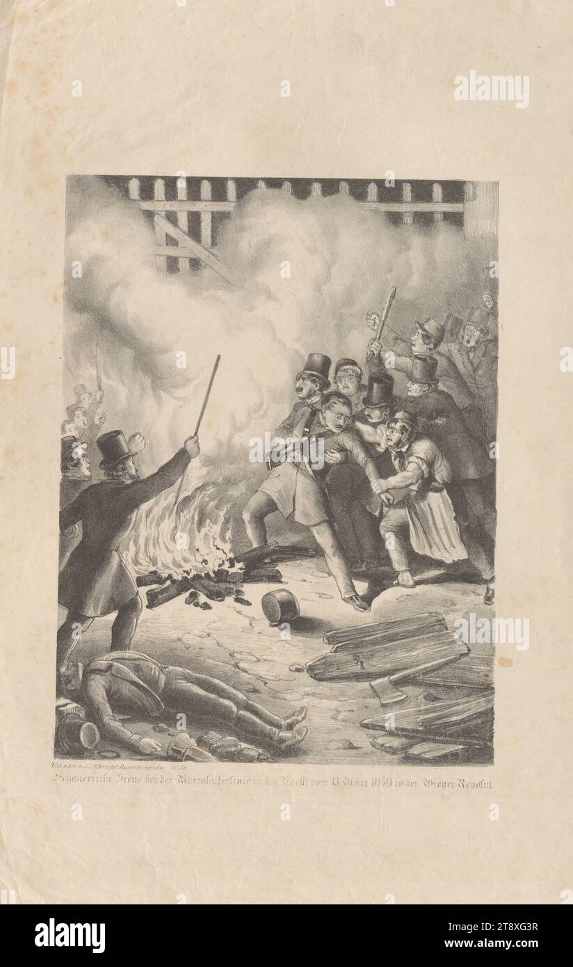 Schauerliche scène BEI der Mariahilferlinie in der Nacht vom 13. März 1848 in der Wiener-Revolut.', Joseph Albrecht, lithographe, 1848, papier, lithographie à la craie, hauteur 44, 6 cm, largeur 28, 1 cm, révolutions de 1848, 1849, Beaux-Arts, le soldat ; la vie du soldat, Fighting, Linien, Linienämter, The Vienna Collection Banque D'Images