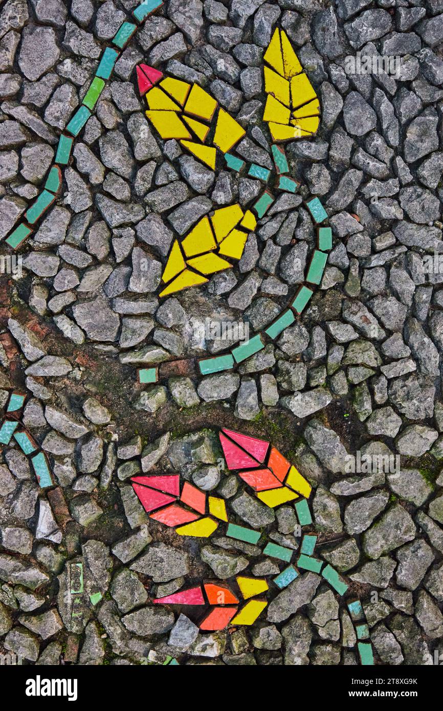 Mosaïque abstraite de roches peintes créant un motif floral tourbillonnant et ludique dans l'art des sentiers en plein air Banque D'Images