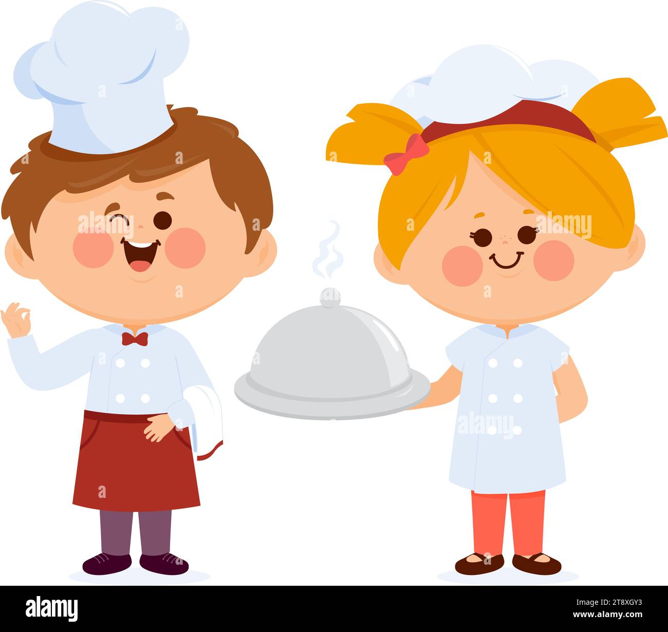 Enfants chefs servant de la nourriture. Garçon et fille avec des chapeaux de chef et uniformes servant un délicieux repas. Cuisiner les enfants. Illustration vectorielle Illustration de Vecteur