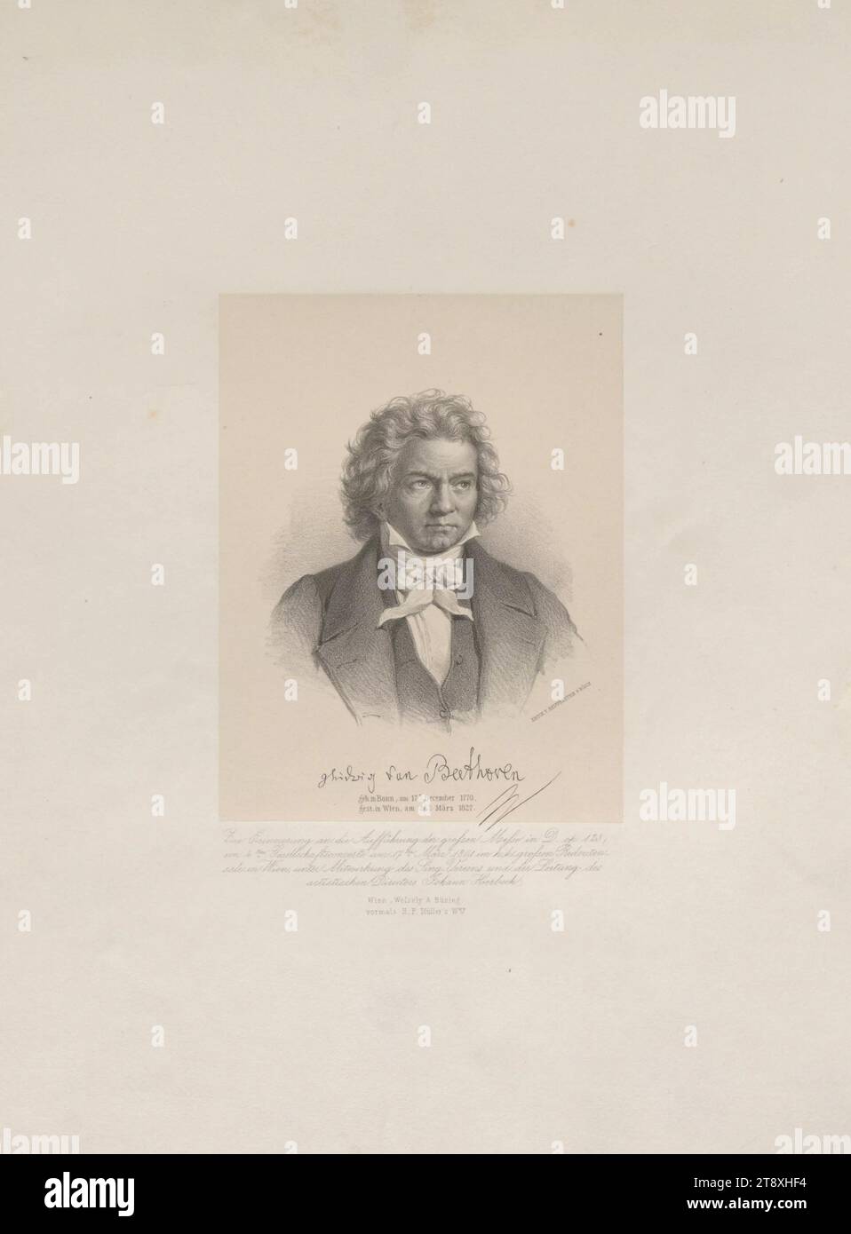 Ludwig van Beethoven, né à Bonn, en 17t. Décembre 1770, mort à Vienne, le 26t. Mars 1827, Wessely & Büsing, anciennement WWE de H. F. Müller, éditeurs, Reiffenstein & Rösch, imprimeurs, date après 1827, papier, lithographie, hauteur 36, 7 cm, largeur 27, 5 cm, beaux-arts, musique, domaine Constantin von Wurzbach, portrait, homme, compositeur, musicien, Ludwig van Beethoven, la collection de Vienne Banque D'Images