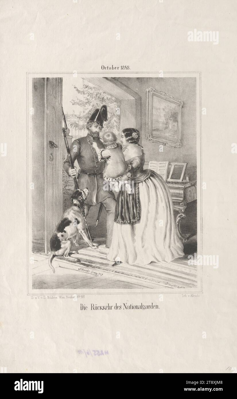 Le Retour du jardin National. (En octobre 1848), Joseph Albrecht, lithographe, L. Mossbeck, éditeur, 1849, papier, lithographie à la craie, hauteur 44,8 cm, largeur 29,7 cm, militaire, famille, amour, animaux, révolutions de 1848, 1849, le soldat ; la vie du soldat, femme, enfant, chien., la collection Vienne Banque D'Images