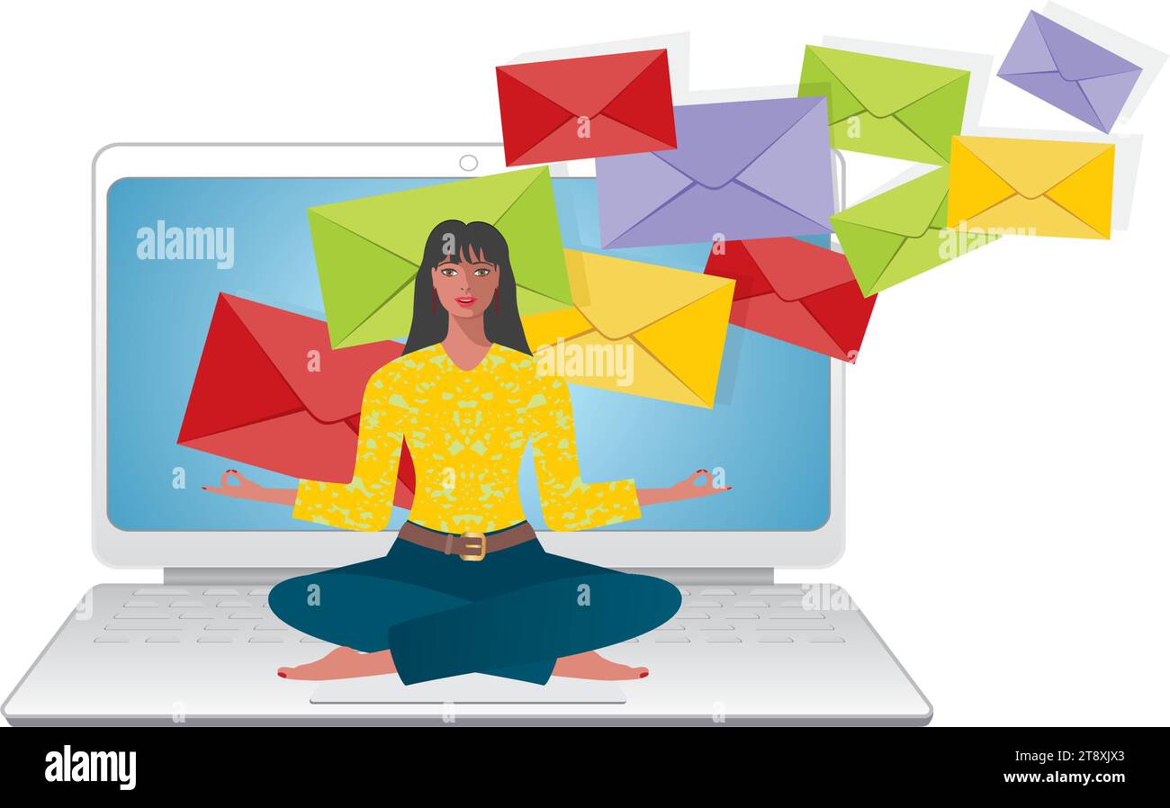Femme, fille en position de yoga devant l'écran d'ordinateur portable, où beaucoup d'emails entrent. Isolé. Illustration vectorielle. Illustration de Vecteur