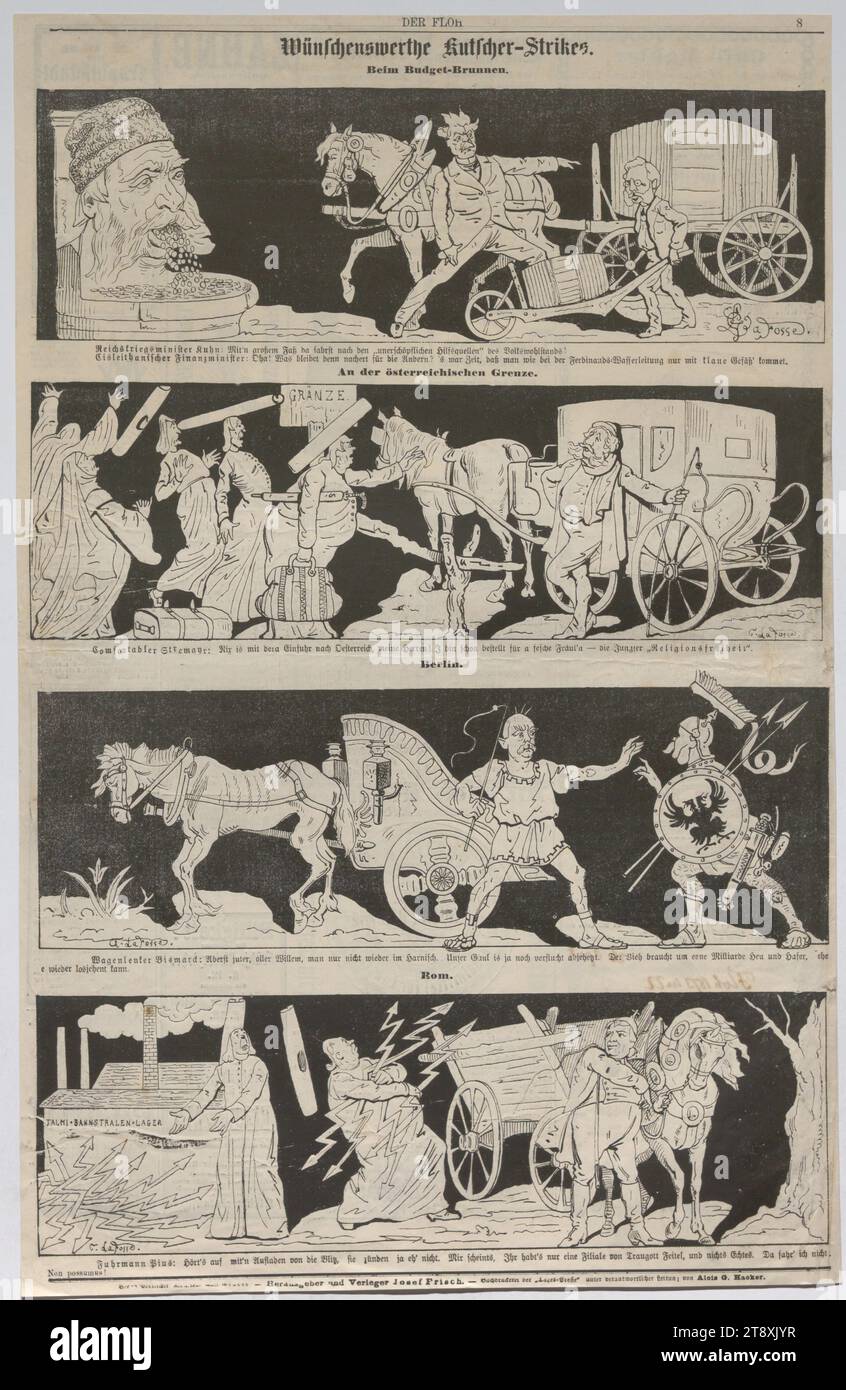 Wünschenswerthe Kutscher - grèves. Au budget - fontaine ; à la frontière autrichienne ; Berlin ; Rome', Georges Lafosse (1843-1880), caricaturiste, 1873, papier, hauteur 43,9 cm, largeur 28,1 cm, caricature, satire, politique, médias et communication, religion, domaine Constantin von Wurzbach, pape, homme, portrait, hebdomadaire, magazine mensuel, etc., Otto von Bismarck, The Vienna Collection Banque D'Images