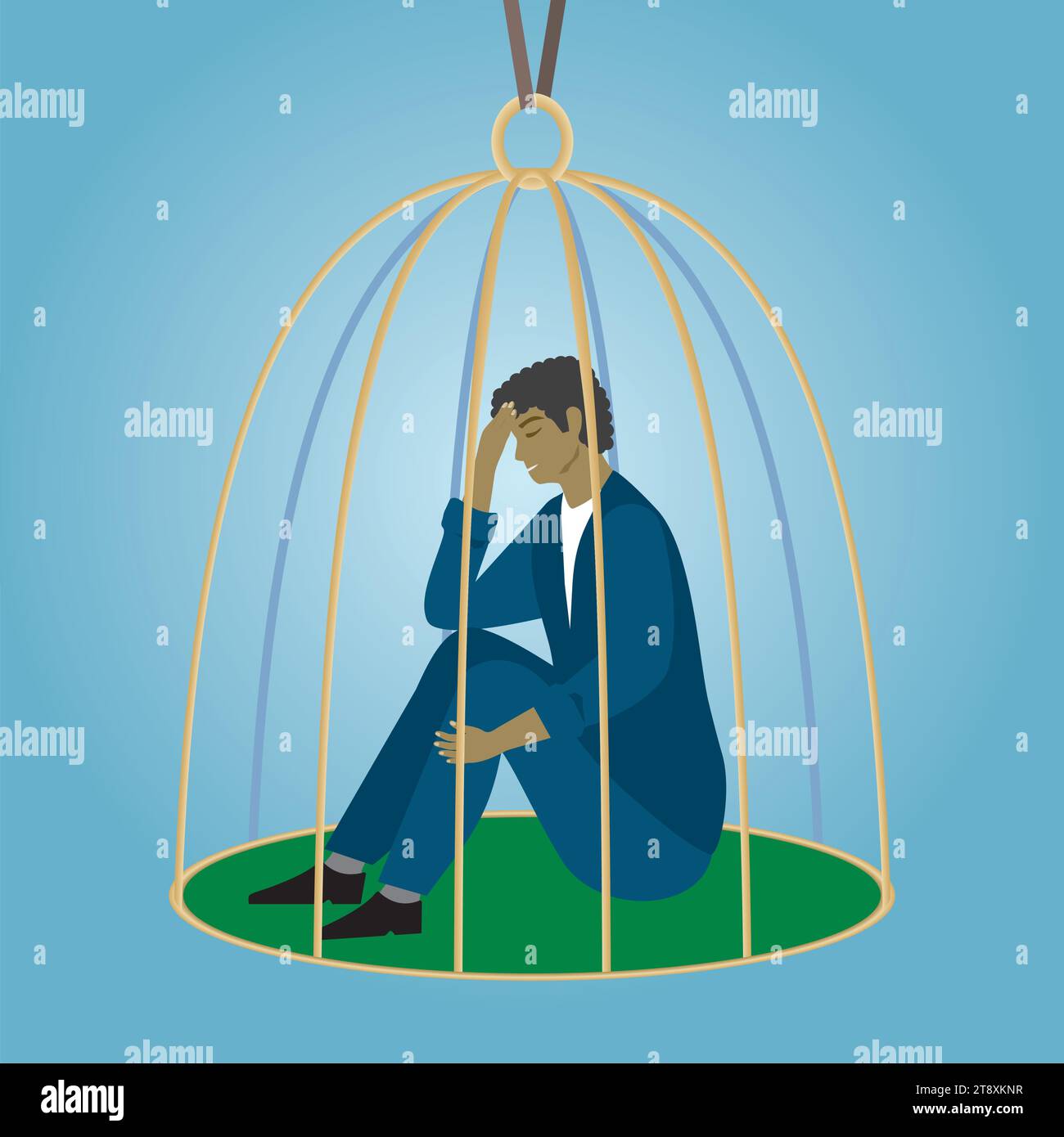 Homme triste et solitaire piégé dans une cage à oiseaux. Composition carrée. Illustration de Vecteur