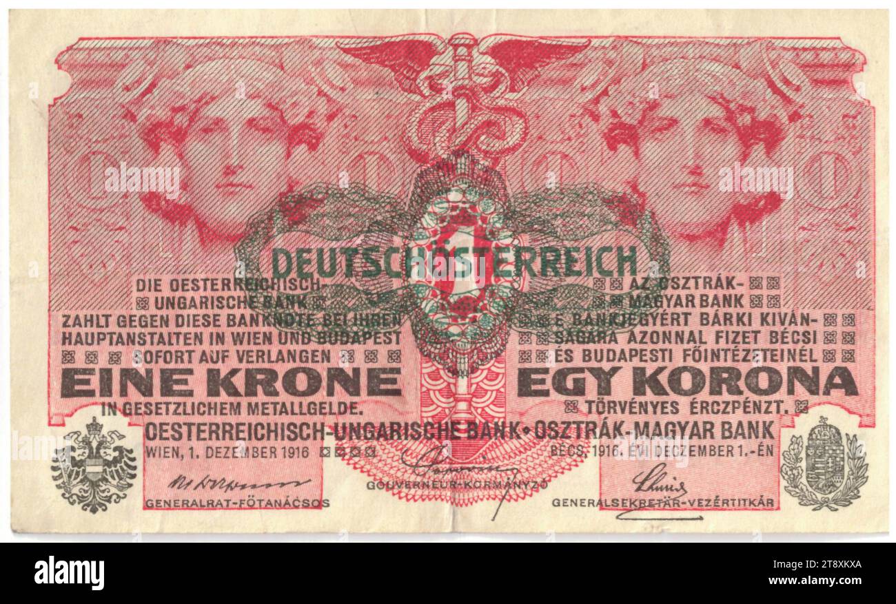 Billet de banque, couronne 1, Alois Hans Schram (1864-1919), artiste, Rudolf Rössler (1864-1934), artiste, Rudolf Junk (1880-1943), artiste, Banque austro-hongroise, Autorité de frappe, 01.12.1916, papier, impression, largeur 114 mm, hauteur 68 mm, menthe, Vienne, Minting Area, Autriche, 1e République (1918-1933), la première République, finances, femme, billet de banque, argent, la collection de Vienne Banque D'Images