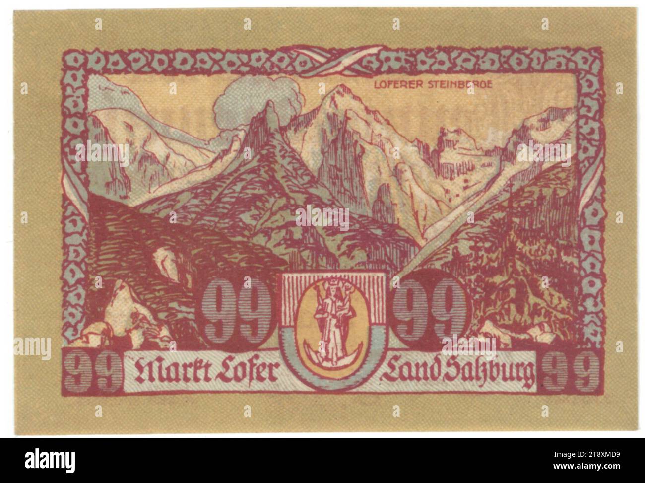 Voucher, 99 Heller, Market Town Lofer (Salzbourg), MINT Authority, Wagner, Innsbruck, imprimerie, date avant 31.3,1921, papier, impression, hauteur×largeur 65×96 mm, menthe, Innsbruck, zone MINT, Autriche, 1e République (1918-1933), finance, jeton, pièce privée, montagnes, Madone sur le croissant de lune (aussi appelée Reine du ciel) (en mandorla), la collection de Vienne Banque D'Images