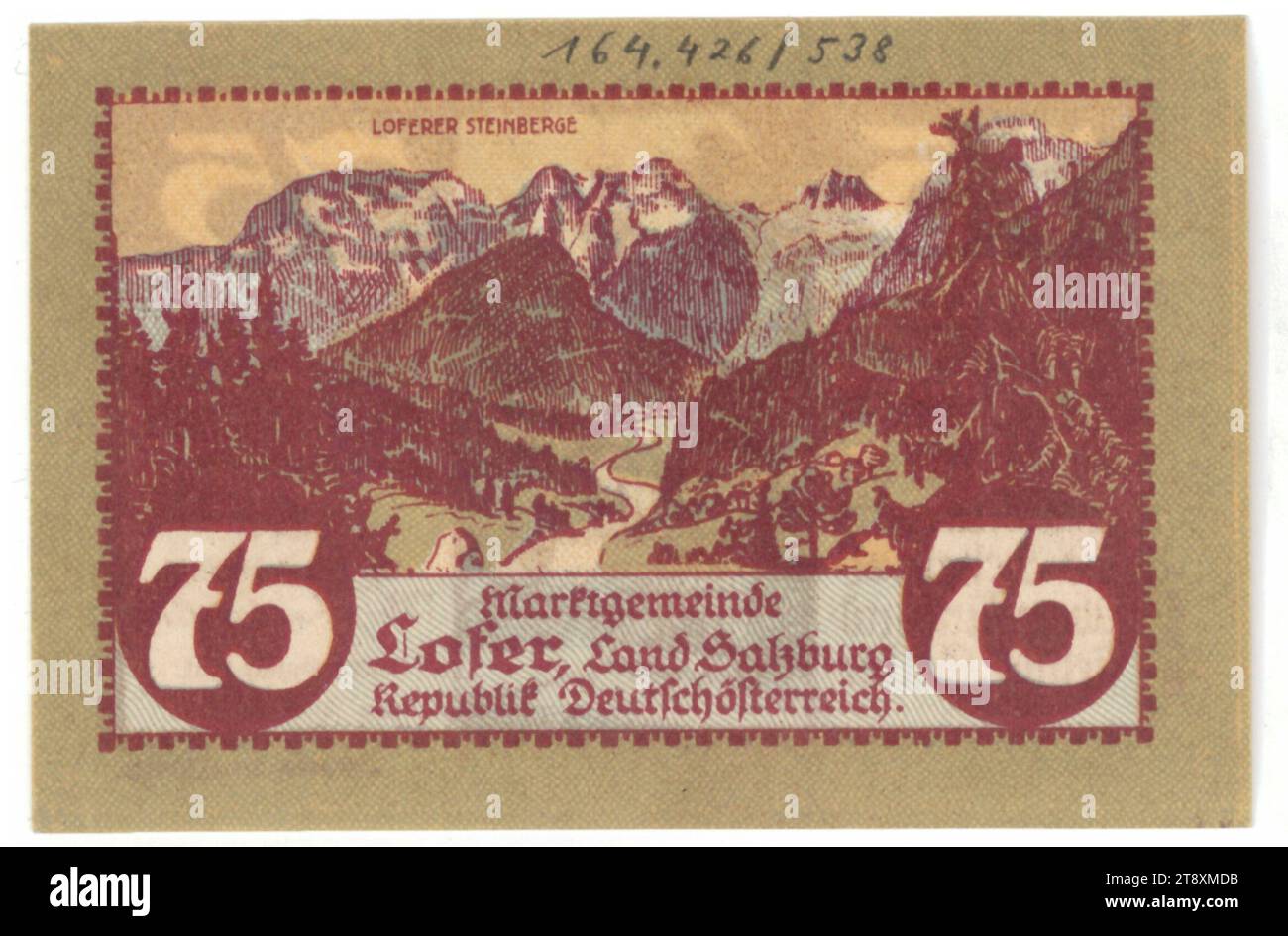 Bon, 75 Heller, ville de marché Lofer (Salzbourg), Mint Authority, Wagner, Innsbruck, imprimeur, date avant 31.3,1921, papier, impression, hauteur×largeur 62×94 mm, menthe, Innsbruck, zone MINT, Autriche, 1e République (1918-1933), finance, jeton, pièce privée, montagnes, la collection Vienne Banque D'Images