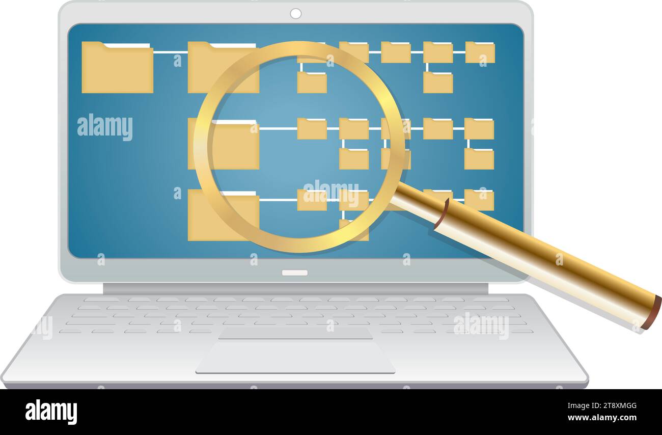 Recherche de mappages de fichiers, de documents et d'organisation. Grande loupe et cartes de fichier sur ordinateur portable. Sécurité et assistance. Isolé. Illustration vectorielle. Illustration de Vecteur