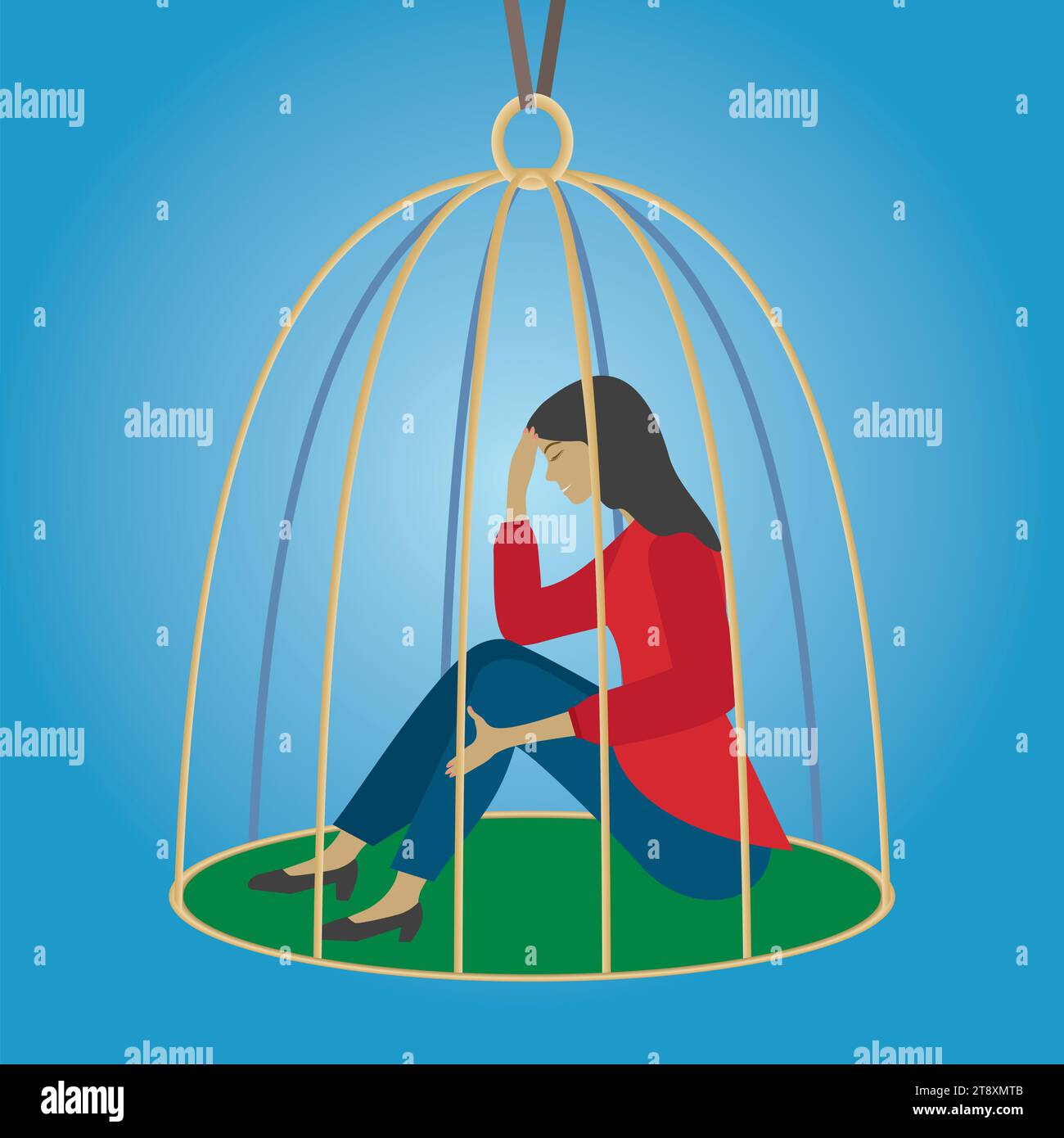 Femme triste et solitaire piégée dans une cage à oiseaux. Composition carrée. Illustration de Vecteur