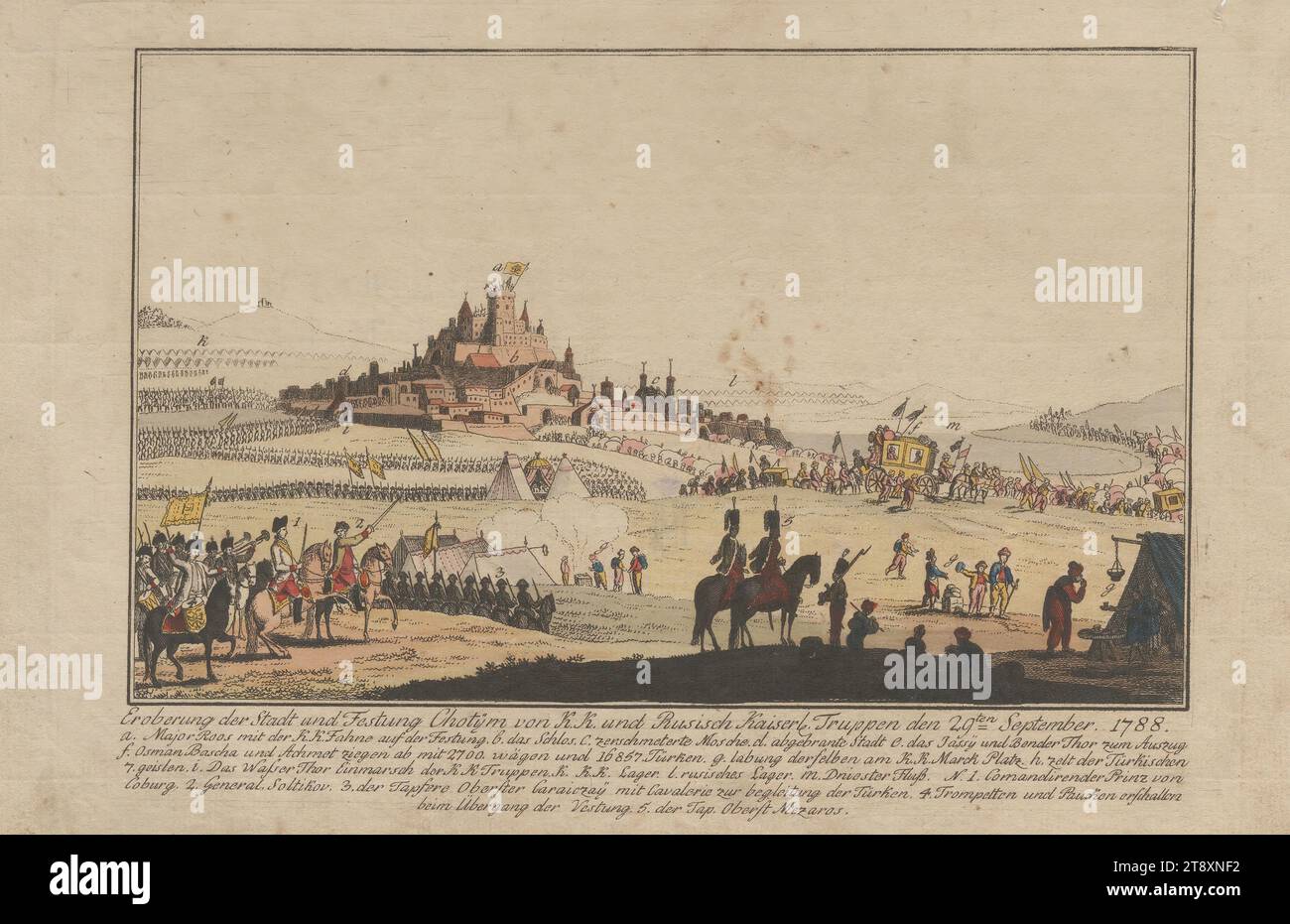 Prise de la ville et de la forteresse de Khotyn en septembre 1788, Inconnu, 1788, papier, coloré, gravure sur cuivre, hauteur 19, 3 cm, largeur 28, 2 cm, plaque taille 16, 7×23, 6 cm, guerre et événements de guerre, beaux-arts, militaire, forteresse, bataille, combattre en général, le soldat ; la vie du soldat, attaque  siège, vue de la ville, et paysage avec des bâtiments d'art, la collection Vienne Banque D'Images