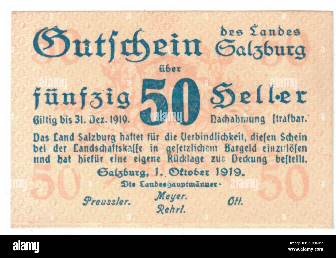 Coupon, 50 Heller, province de Salzbourg, autorité de frappe, 01.10.1919-31.12.1919, papier, impression, hauteur×largeur 41×61 mm, zone de frappe, Autriche, 1e république (1918-1933), finance, banque, marque, monnaie privée, la collection Vienne Banque D'Images Coupon, 50 Heller, province de Salzbourg, autorité de frappe, 01.10.1919-31.12.1919, papier, impression, hauteur×largeur 41×61 mm, zone de frappe, Autriche, 1e république (1918-1933), finance, banque, marque, monnaie privée, la collection Vienne Banque D'Images
