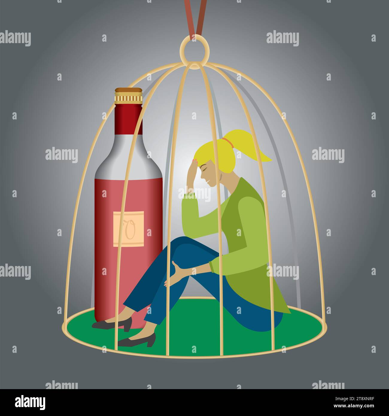 Femme triste piégée dans une cage à oiseaux avec une bouteille de vin rouge. Composition carrée. Illustration vectorielle. Illustration de Vecteur