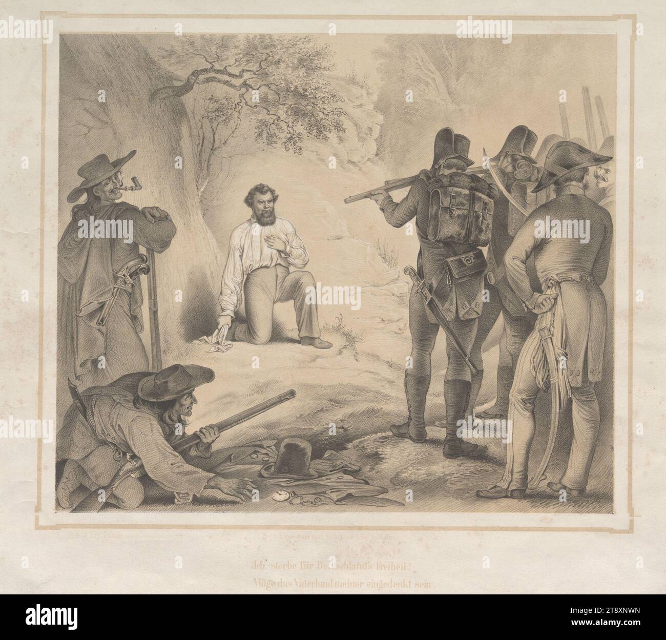 Tournage de Robert Blum le 9 novembre 1848, A. & J. Fay, lithographie, A. & J. Fay, maison d'édition, 1848-1849, papier, lithographie à la craie, hauteur 38,2 cm, largeur 41,7 cm, beaux-arts, révolutions de 1848, 1849, peine de mort, exécution, collection de Vienne Banque D'Images