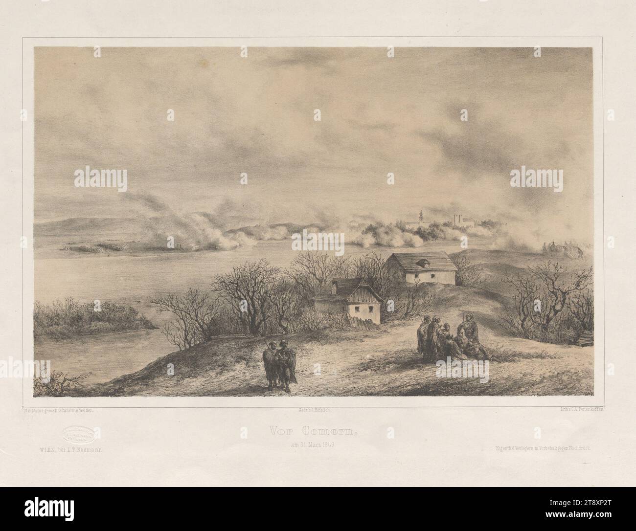 VOR Comorn., am 31. März 1849', August Xaver Karl Pettenkofen (Ritter von) (1822-1889), lithographe, 1849, papier, lithographie à la craie, hauteur 43, 2 cm, largeur 58, 3 cm, guerre et événements de guerre, révolutions de 1848, 1849, artistes, bataille, combattant en général, la collection de Vienne Banque D'Images