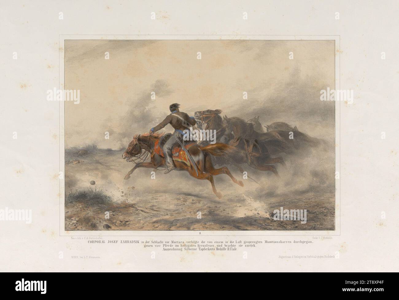 LE CAPORAL JOSEF ZAHRADNIK dans la bataille avant que Mortara poursuive les quatre chevaux passés par un chariot de munitions soufflé dans les airs, dans les tirs croisés les plus féroces, et les ramène, (...) » (No 8 de la série '12 scènes du Hall d'honneur du corps impérial et royal de transport militaire'. Militär-Fuhrwesen-corpss'), August Xaver Karl Pettenkofen (Ritter von) (1822-1889), lithographe, Johann Höfelich (1796-1849), imprimeur, Leopold Theodor Neumann (1804-1876), éditeur, 1851, papier, coloré, lithographie à la craie, hauteur 40,5 cm, largeur 57,1 cm, beaux-arts, militaire, révolutions de 1848, 1849 Banque D'Images