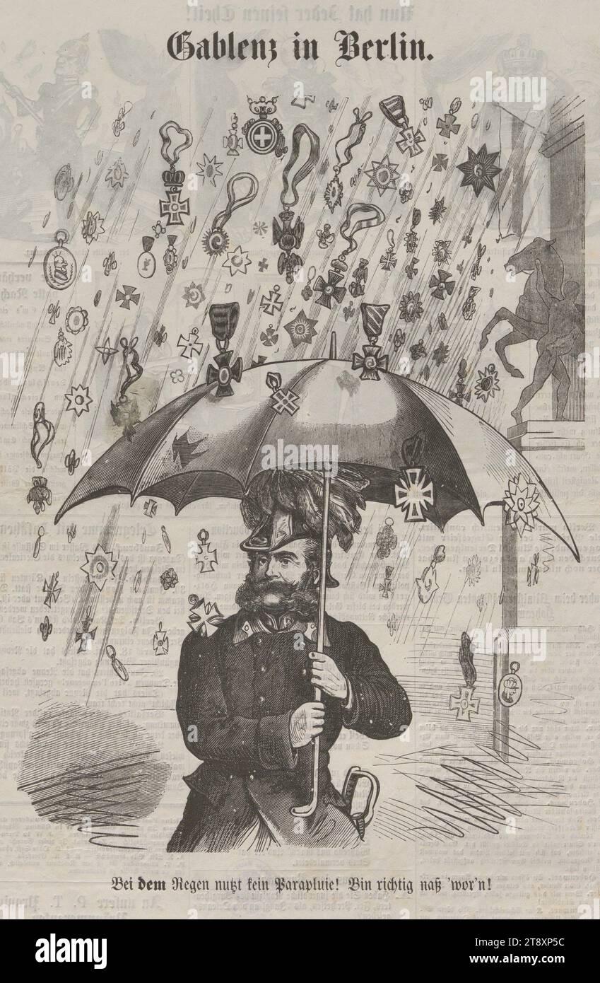 Gablenz à Berlin. Avec la pluie, aucune parapluie n'utilise! Bin richtig naß 'wor'n!', Inconnu, 1871, papier, gravure sur bois, hauteur 36 cm, largeur 24,4 cm, caricature, satire, aristocratie, médias et communication, militaire, domaine Constantin von Wurzbach, portrait, homme, commandant en chef, général, marshal, parapluie, hebdomadaire, mensuel, magazine, etc., la collection Vienne Banque D'Images