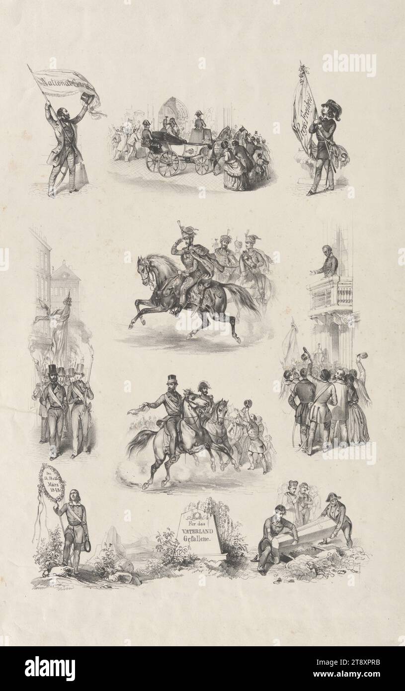 Croquis des Journées de mars de Vienne. N° 2' (copie avant typographie), Franz Kollarz (Kolář) (1825-1894), lithographe, Johann Rauh (1803-1863), imprimeur, Leopold Theodor Neumann (1804-1876), éditeur, 1848, papier, lithographie à la craie, hauteur 49,7 cm, largeur 32,6 cm, beaux-arts, Habsbourg, révolutions de 1848, 1849, étudiant, véhicule à quatre roues tiré par des animaux, ex : Droschke, chariot, entraîneur, cérémonie funéraire, roi ; empereur, souverain, Sovereign, la collection de Vienne Banque D'Images