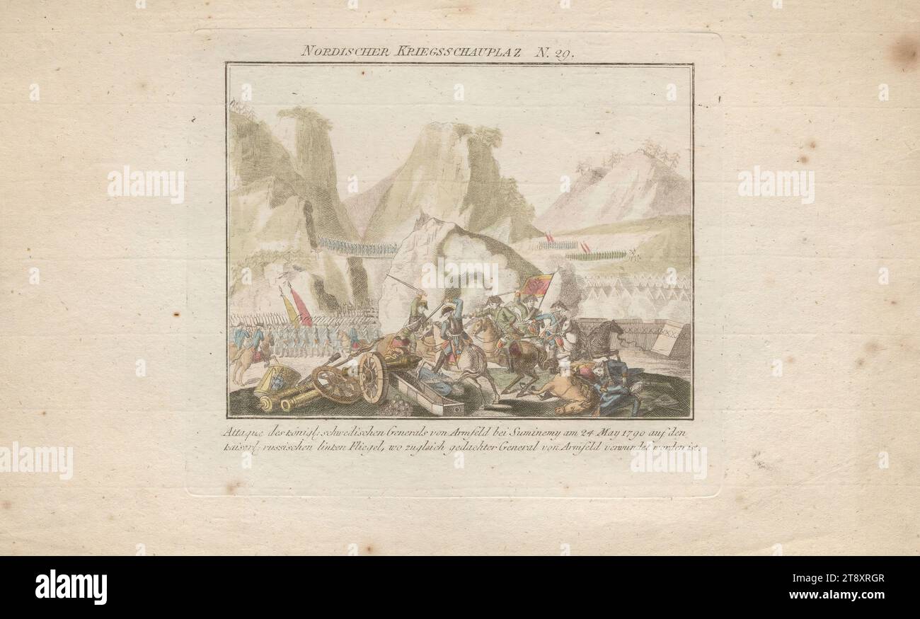 N° 29 de la série 'Théâtre nordique de guerre' : attaque de l'Armfelt général royal suédois à Suminemy le 24 mai 1790, inconnu, 1790, papier, coloré, gravure sur cuivre, hauteur 24,2 cm, largeur 37 cm, taille de la plaque 16.8×19,2 cm, guerre et guerre, beaux-arts, militaire, bataille, combat en général, le soldat ; la vie du soldat, la collection de Vienne Banque D'Images