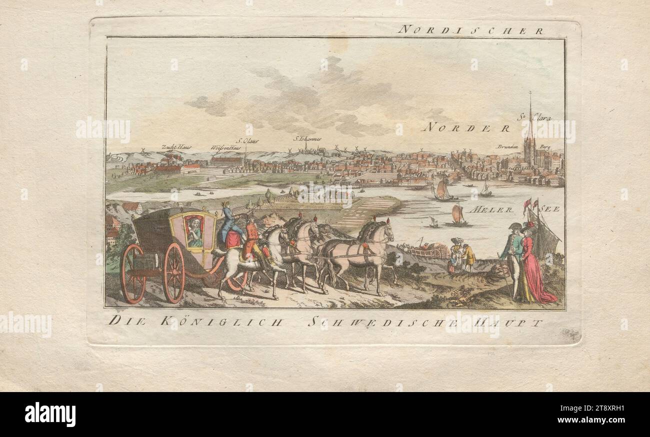 N° 40 de la série 'Théâtre nordique de guerre' : vue générale de Stockholm, moitié gauche de l'image, Inconnu, 1790, papier, coloré, gravure sur cuivre, hauteur 22,8 cm, largeur 35,5 cm, taille de la plaque 16.2×24,3 cm, guerre et guerre, beaux-arts, vue sur la ville et paysage avec bâtiments artificiels, véhicule à quatre roues tiré par des animaux, par exemple : Droschke, chariot, wagon, The Vienna Collection Banque D'Images