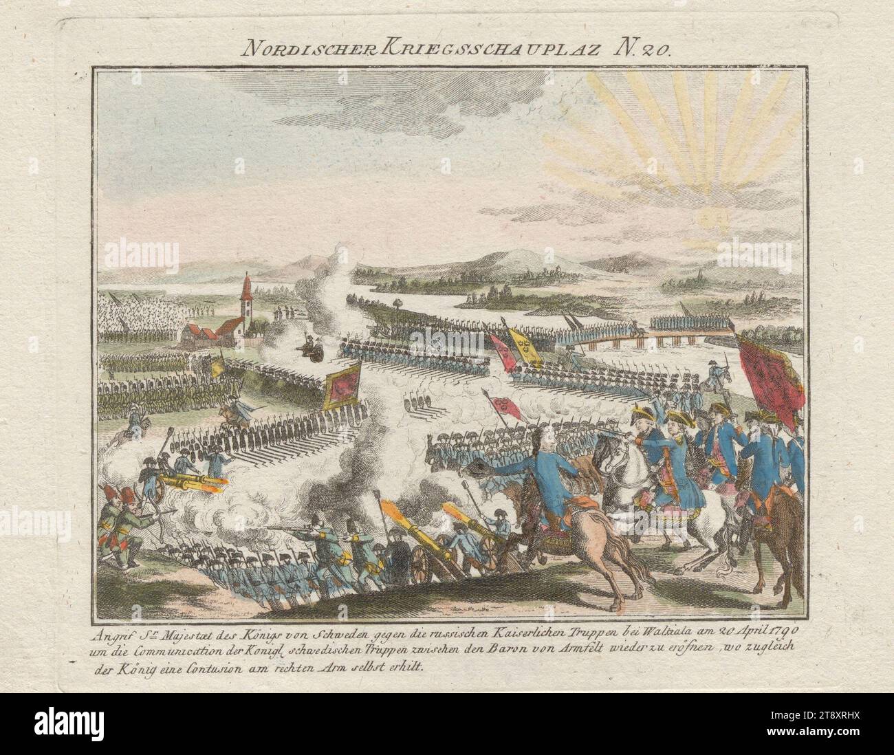 N° 20 de la série 'Théâtre nordique de guerre' : attaque du roi suédois contre les troupes russes le 20 avril 1790, inconnu, 1790, papier, coloré, gravure sur cuivre, hauteur 18,2 cm, largeur 23 cm, taille de la plaque 15.7×18,3 cm, guerre et guerre, beaux-arts, militaire, bataille, combattre en général, le soldat ; la vie du soldat, la collection de Vienne Banque D'Images