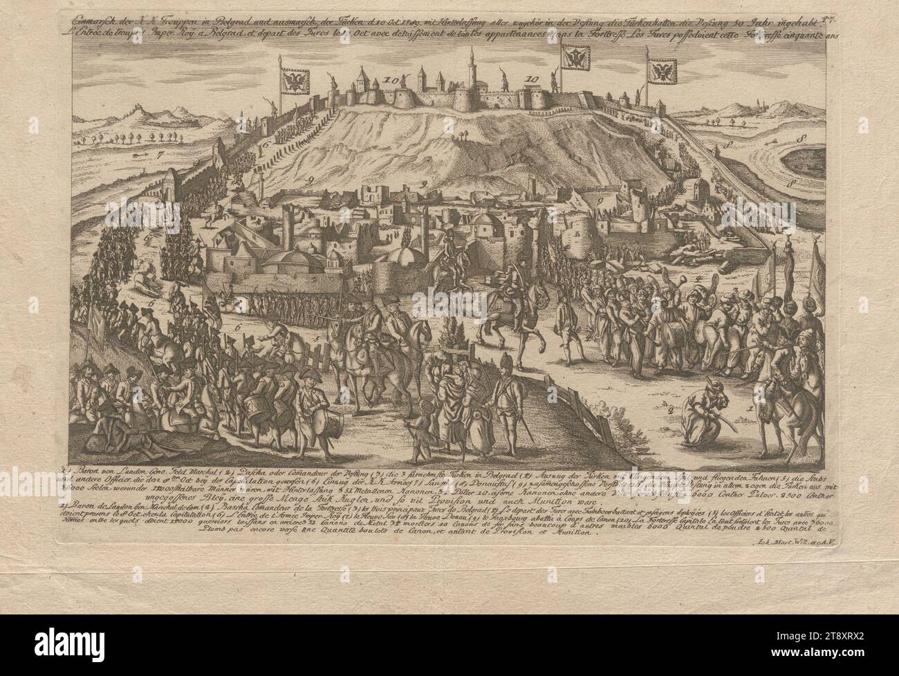 Carte du siège et de la conquête de Berbir (Turque Gradiska) du 23 juin au 9 juillet 1789, Johann Martin Will (1727-1806), graveur, 1789, papier, gravure sur cuivre, hauteur 34 cm, largeur 47,6 cm, taille de la plaque 25×36,8 cm, guerre et guerre, beaux-arts, militaire, siège, vue sur la ville et paysage avec des bâtiments artificiels, le soldat ; la vie du soldat, la collection Vienne Banque D'Images