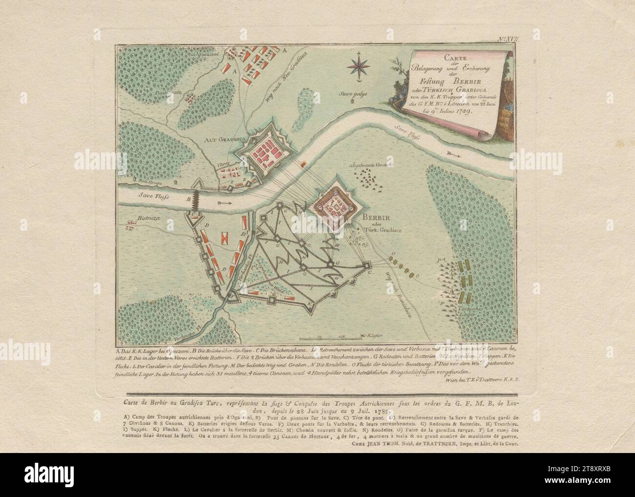 Carte du siège et de la conquête de Berbir (Turque Gradiska) du 23 juin au 9 juillet 1789, Johann Thomas Edler von Trattner (1717-1798), éditeur, 1789, papier, coloré, gravure sur cuivre, hauteur 30,7 cm, largeur 14,2 cm, taille de la plaque 21.4×25,5 cm, guerre et événements de guerre, militaire, siège, bataille, combat en général, plan de bataille, ordre de bataille, collection Vienne Banque D'Images