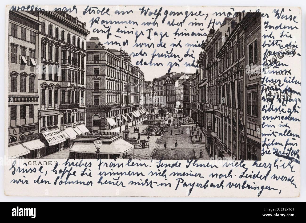 Salutation de Vienne. Graben, Inconnu, Date autour de 1900, carton couché, lithographie couleur, inscription, DE, Vienne, À, Reichenau, ADRESSE, Fräulein, Reichenau a, d. Südbahn, Kur-Haus, MESSAGE, chère Miss ! Envoyez-vous beaucoup de salutations chaleureuses, espérons que vous vous souvenez encore de moi. Malheureusement, nous ne passerons pas l'été à Payerbach cette année, nous voulons aller à Strobl au Wolfgangsee, mais peut-être que nous sortirons pour quelques jours en automne et je serais très heureux de vous voir alors, en vous demandant de rendre les salutations les plus aimables de votre chère Mme Mama, je suis avec tout mon amour pour vous, Jutta Banque D'Images