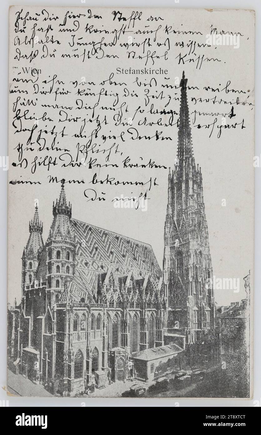 Vienna Stefanskirche, Inconnu, 1916, carton couché, impression demi-teinte, inscription, DE, Vienne, À, Vienne, ADRESSE, à Fräulein., Hilfsarbeiterin der Firma G. Scheibe Einbanddeckenfabrik, Wien III Marxergasse, MESSAGE, félicitations les plus chaleureuses, carte de couverture:, regardez le Steffl ici que vous avez et aussi obtenir aucun homme. En tant que vieille femme de ménage, vous saurez que vous devez embrasser le steffl, et le frotter de haut en bas pour passer le temps à l'avenir, si vous n'aviez pas été dupé pendant si longtemps, vous seriez épargné le travail maintenant, mais ne pensez pas grand-chose maintenant, faites votre devoir, aucune offense ne vous aidera Banque D'Images