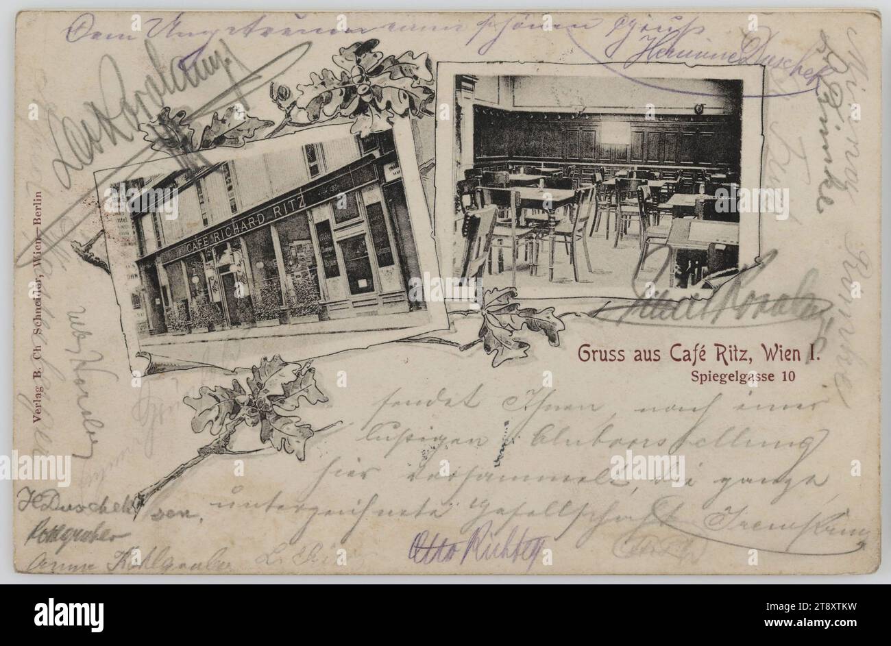 Salutation de Cafe Ritz, Wien I. Spiegelgasse 10., Verlag B. CH. Schneider, Producteur, 1902, carton, collotype, inscription, DE, Wien, À, Klosterbruck, ADRESSE, Wohlgeboren, Herrn, Einj. Freiw. d. 99. Infanterie Regimenten Klosterbruck, BEI Znaim, MESSAGE, vous envoie, après une drôle de performance de club réunis ici, toute la société soussignée [nombreuses signatures], DEM Ungetreuen einen schönen Gruß Hermine Duschek, Industrie hôtelière et restauration, médias et communication, cartes postales avec translittération, 1e arrondissement : Innere Stadt, écriture, texte écrit, Spiegelgasse Banque D'Images