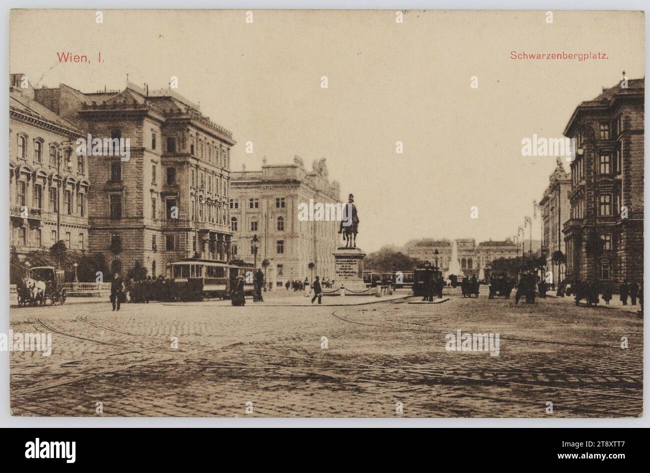 Vienne, I. Schwarzenbegrplatz, Inconnu, 1912, paperboard, collotype, inscription, DE, Vienne, À, Brno, ADRESSE, H.W..Frau, Hofrats-Witwe, Brno, Servitengasse 29, MESSAGE, 6.6.12 avant mon départ, je vous remercie, chère madame, encore une fois pour la carte. Ici, j'ai eu un temps constamment beau, mais a été tellement précipité loin que je ne pouvais pas en profiter et en Z. le séjour sera à peine très agréable. Mi-juin, je voudrais revenir via Brünn Dieu accorder une heureuse réunion. Avec un baiser sur la main, avec le plus grand respect (..), Ringstrasse, Transports publics, attractions, médias et communication Banque D'Images