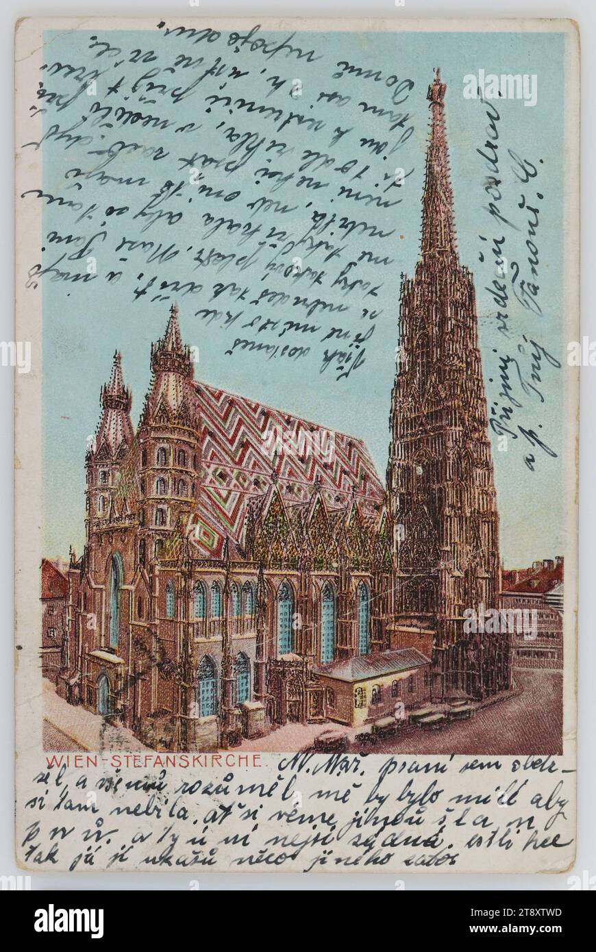 Vienne -Stefanskirche, Inconnu, 1909, carton couché, lithographie couleur, inscription, DE, Vienne, À, Vienne, II District, ADRESSE, an, Vohlgeboren Frailain, in II BZ., grosse Mohren-gasse N=35, MESSAGE, [Tchèque] psaní sem obdržel a vše rozůměl, mě by bylo milé aby si tam nebila. Ať si veme jinou š l a m p n ů[?] a ty ú ní nejsi žádná. Estli tak já Jí ukážu něco jiného zato., Však dostaneš jiné místo kde se nebudeš tak dřít. un plat mají taky takový. Naše Pani mě taky říkala aby si tam nebila, neb oni tě mají není nechci psát zaco. dyť ti todle řekla Banque D'Images