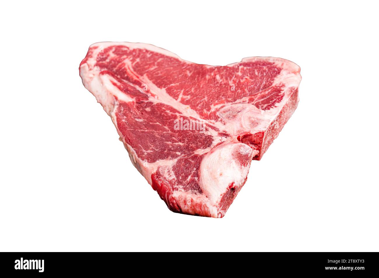 Steak florentin cru ou steak d'os T, viande de bœuf marbrée dans un plateau de cuisine en acier Isolé, fond blanc Banque D'Images