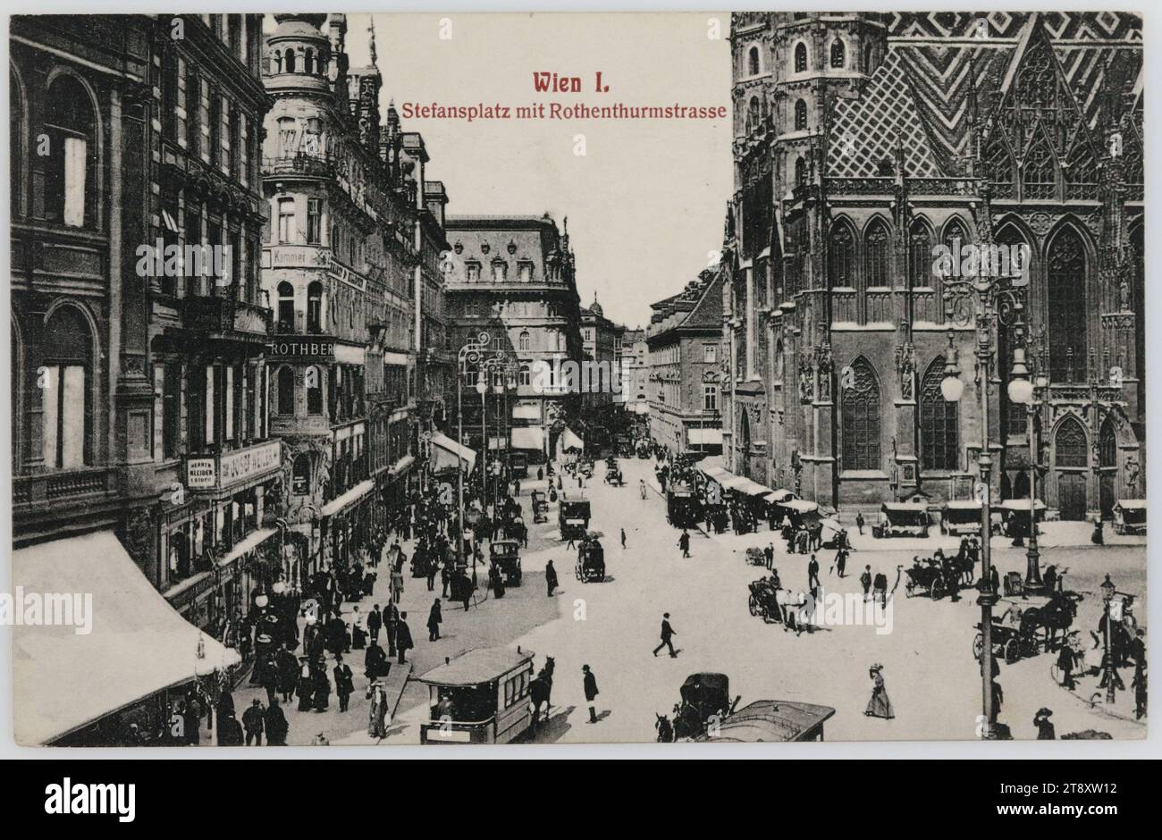 Vienne I. Stefansplatz avec Rothenthurmstrasse, Inconnu, 1915, paperboard, collotype, inscription, DE, Vienne, À, Červený Kostelec, ADRESSE, Slečna [nom] Červený Kostelec Čechy, MESSAGE, Vídeň 20., IV.1915. [...], V Ebersdorf[?] jsem, [...] drahá, nepochodil, musím tam zítra opět. Zítra napíši, kdy určitě odejdem i při[?] na svátky. Ohledně divadla zařiď, jak umluvili jsme., Vzpomíná a líbá tě [podpis], Vienne, 20.4.1915 [...], à Ebersdorf [?] I, [...] amour, n'ont rien accompli Banque D'Images