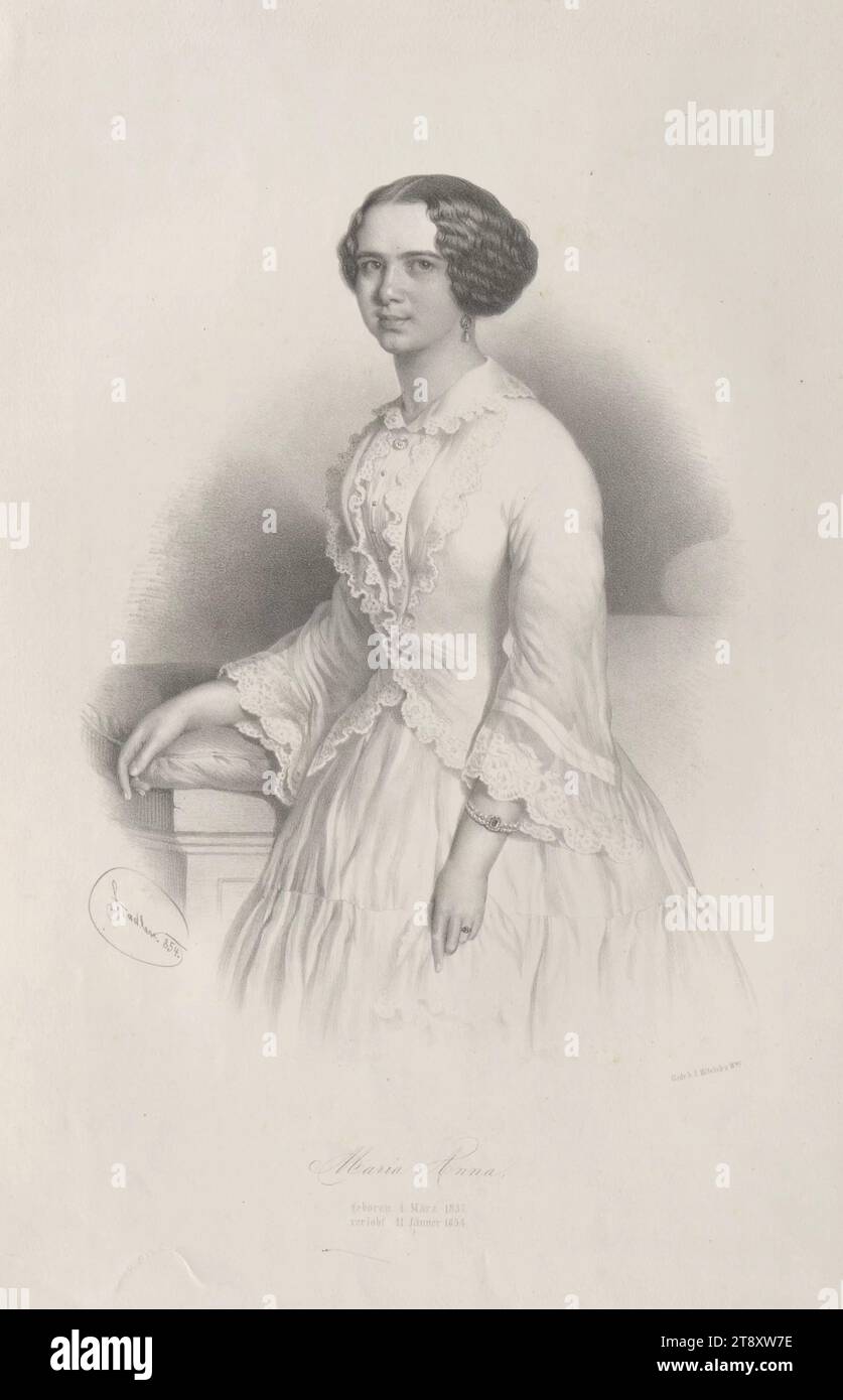 Maria Anna, née le 4 mars 1837, fiancée le 11 janvier 1854.', Johann Stadler (1804-1859), artiste, veuve de J. Höfelich, réalisation, 1854, papier, lithographie, hauteur 45,3 cm, largeur 30,5 cm, inscription, 'Stadler. 854. », « Gedr. b. J. Höfelich's WWE.', Beaux-Arts, mode, Estate Constantin von Wurzbach, portrait, femme, robe, robe, coiffure, la collection Vienna Banque D'Images