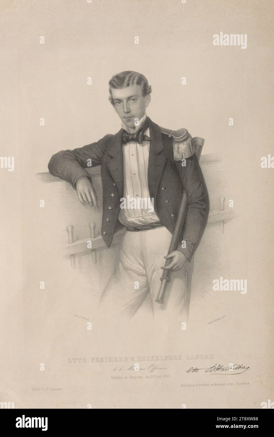 OTTO BARON V. HACKELBERG LANDAU k. k. k. officier de marine tombé à Smyrne le 23 juin 1853.', Adolf Dauthage (1825-1883), artiste, Adolf Dauthage (1825-1883), lithographe, J. Höfelich's Witwe, réalisation, L. T. Neumann k.k. Hof-Kunsthandlung, maison d'édition, Date après 1853, papier, lithographie, hauteur 50, 2 cm, largeur 34, 8 cm, Inscription, 'Lith. V. Dauthage', 'Gedr. b. J. Höfelich's WWE', 'WIEN b. L. T. Neumann.', Beaux-Arts, aristocratie, domaine Constantin von Wurzbach, portrait, homme, uniformes (militaires), The Vienna Collection Banque D'Images