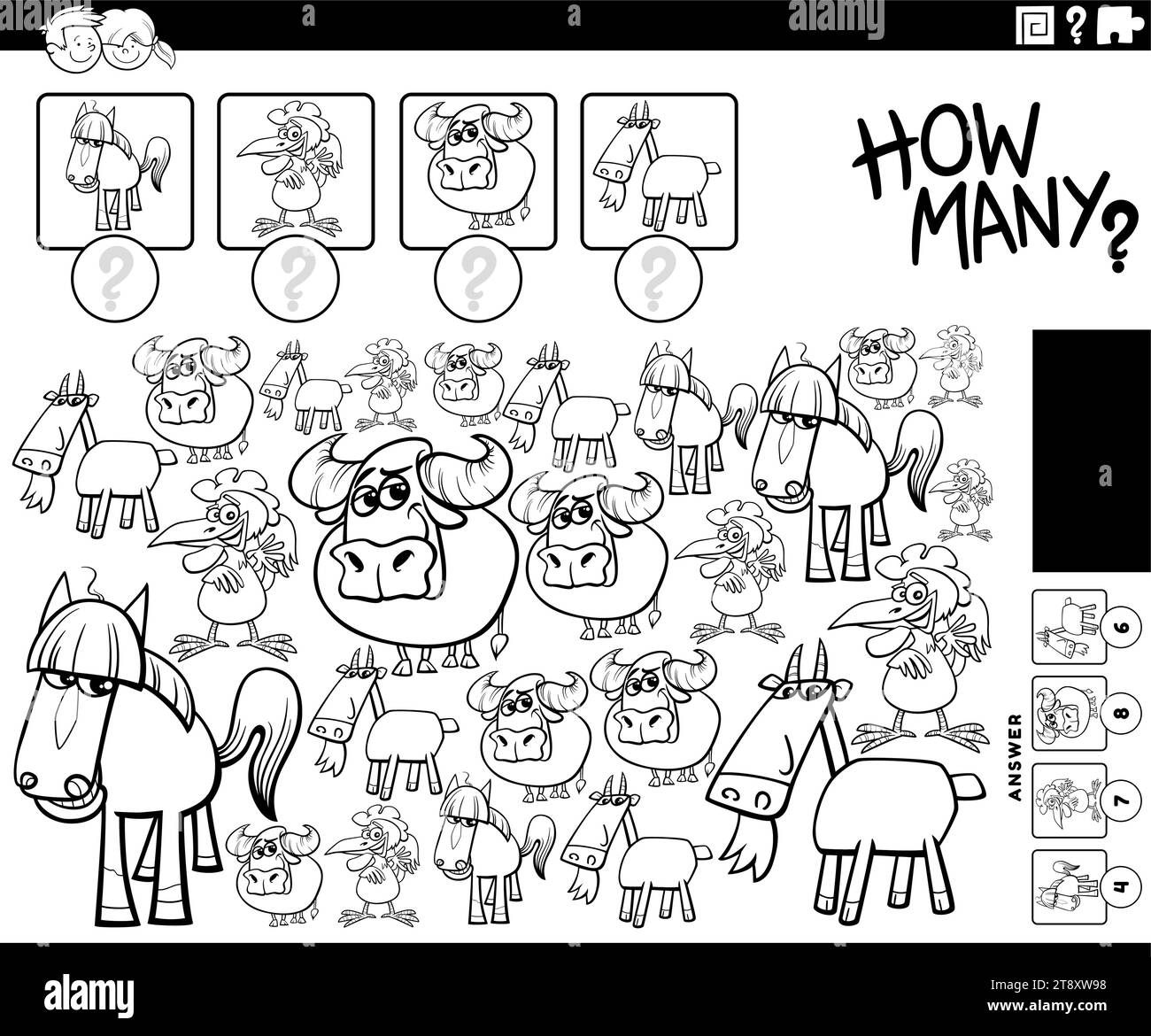 Illustration en noir et blanc du jeu de comptage éducatif avec la page à colorier des personnages d'animaux de ferme de dessin animé Illustration de Vecteur