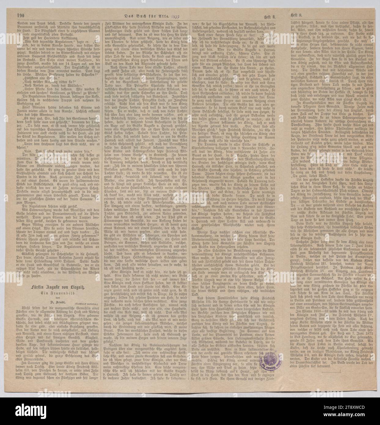 Auguste de Liegnitz. Ein Frauenbid', Inconnu, 1877, papier journal, papier, impression, hauteur 35,2 cm, largeur 33,9 cm, médias et communication, Estate Constantin von Wurzbach, biographie (texte), hebdomadaire, mensuel, magazine, etc., la collection Vienne Banque D'Images