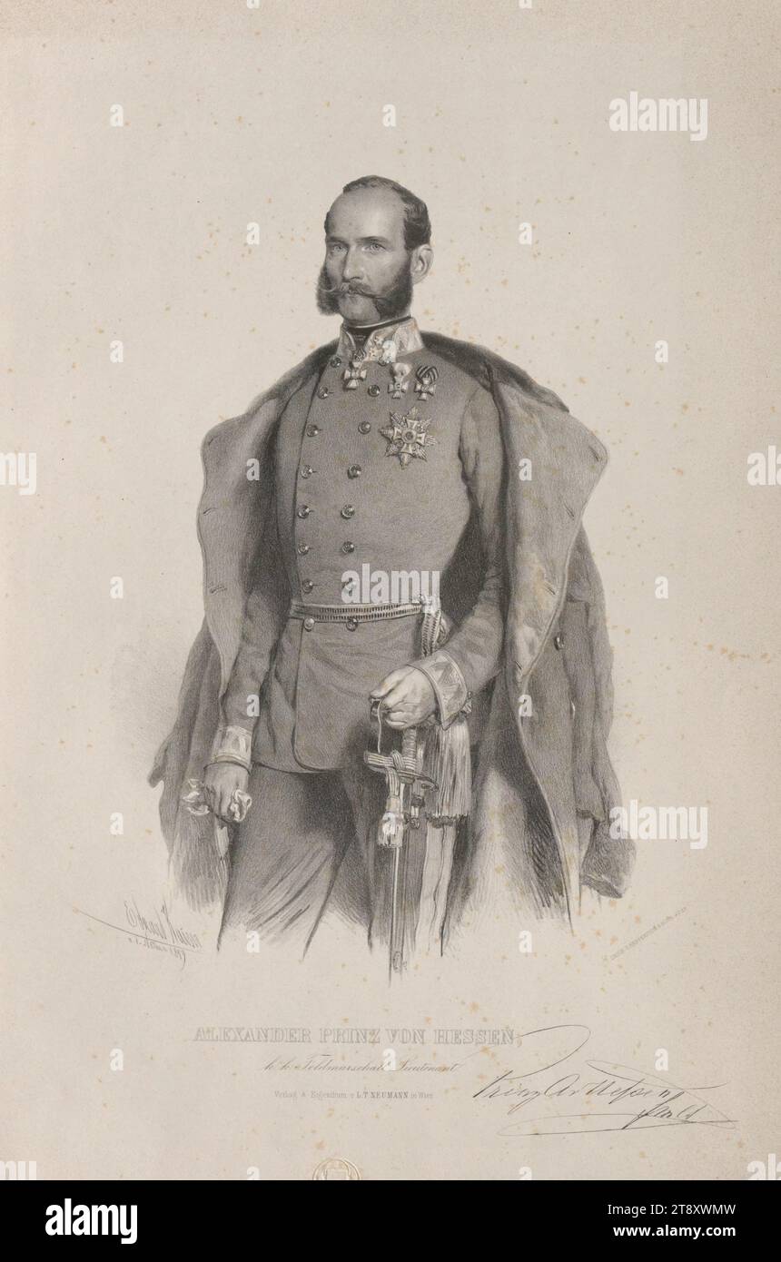 ALEXANDER PRINCE OF HESSEN, k. k. Field Marshal-Lieutenant.', Eduard Kaiser (1820-1895), lithographe, Reiffenstein & Rösch, Imprimeur, L. T. Neumann k.k. Hof-Kunsthandlung, maison d'édition, 1859, papier, lithographie, hauteur 50, 3 cm, largeur 34, 7 cm, Inscription, Eduard Kaiser n. d. Natur 1859, DRUCK V. REIFFENSTEIN & Rösch IN WIEN, Verlag & Eigenthum v. L. T. NEUMANN in Wien, Beaux-Arts, militaires, domaine Constantin von Wurzbach, portrait, homme, commandant en chef, général, maréchal, uniformes (militaires), collection de Vienne Banque D'Images