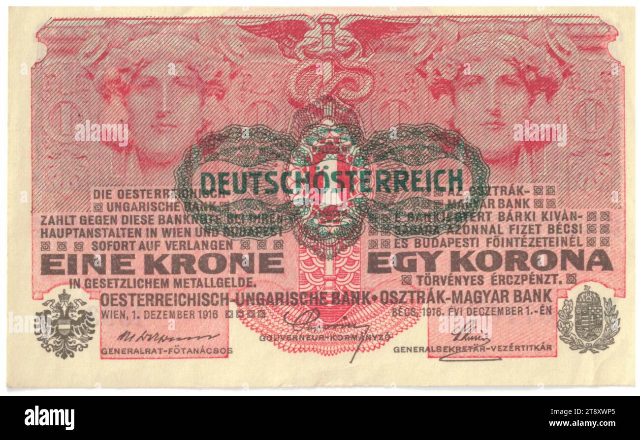 Billet de banque, 1 Couronne, Alois Hans Schram (1864-1919), artiste, Rudolf Rössler (1864-1934), artiste, Rudolf Junk (1880-1943), artiste, Banque austro-hongroise, Autorité de la monnaie, 01.12.1916, papier, impression, hauteur 68 mm, largeur 113 mm, monnaie, Vienne, territoire de la monnaie, Autriche, 1e République (1918-1933), la première République, Finances, femme, billet de banque, argent, la collection de Vienne Banque D'Images