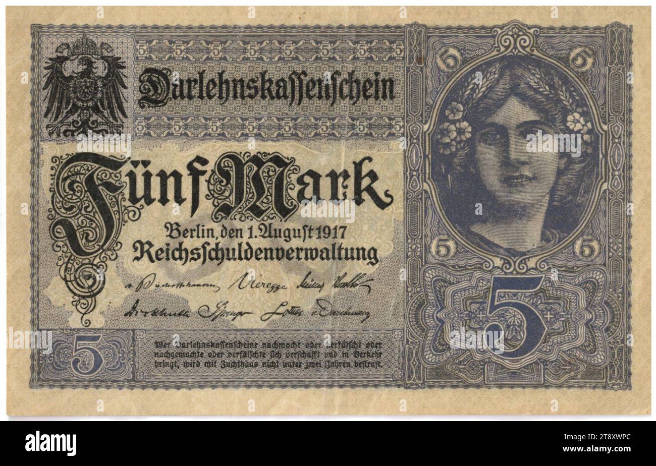 Lettre de prêt, 5 Mark, Reichsschuldenverwaltung (1820-1955), autorité de la monnaie, 01.08.1917, papier, impression, hauteur 80 mm, largeur 125 mm, menthe, Berlin, territoire de la monnaie, Deutsches Kaiserreich (1871-1918), Guerre mondiale 1, Finances, armoiries (comme symbole de l'état, etc.), femme, billet de banque, argent, la collection Vienne Banque D'Images