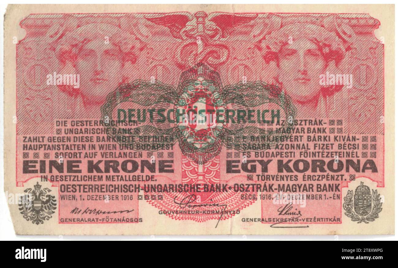 Billet de banque, 1 Couronne, Alois Hans Schram (1864-1919), artiste, Rudolf Rössler (1864-1934), artiste, Rudolf Junk (1880-1943), artiste, Banque Österreichisch-ungarische, autorité de la monnaie, 01.12.1916, papier, impression, hauteur 68 mm, largeur 113 mm, monnaie, Vienne, territoire de la monnaie, Autriche, 1e République (1918-1933), la première République, Finances, femme, billet de banque, argent, la collection de Vienne Banque D'Images