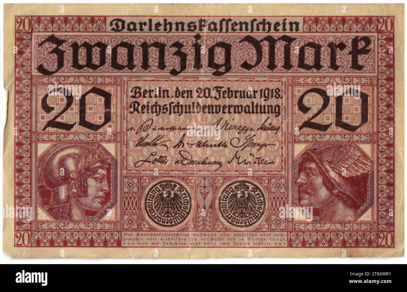 Darlehnskassenschein, 20 Mark, Reichsschuldenverwaltung (1820-1955), autorité de la monnaie, 20.02.1918, papier, impression, hauteur 89 mm, largeur 139 mm, menthe, Berlin, territoire de la monnaie, Deutsches Kaiserreich (1871-1918), Guerre mondiale 1, Finances, armoiries (comme symbole de l'état, etc.), tête (humain), casque, billet de banque, l'argent, la collection Vienne Banque D'Images