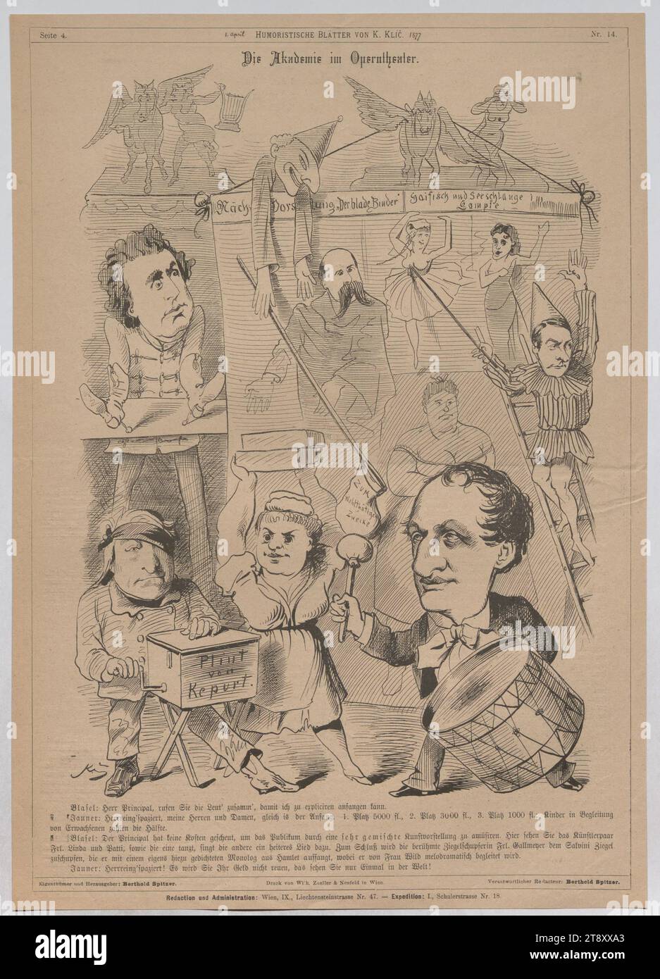 L'Académie au Théâtre de l'Opéra.', Karl KLIC (1841-1926), caricaturiste, 1877, papier, impression, hauteur 40,3 cm, largeur 28,5 cm, Inscription, 'KLICc', caricature, satire, Théâtre, médias et communication, domaine Constantin von Wurzbach, homme, portrait d'acteur, actrice, hebdomadaire, mensuel, magazine, etc., Franz von Jauner, The Vienna Collection Banque D'Images